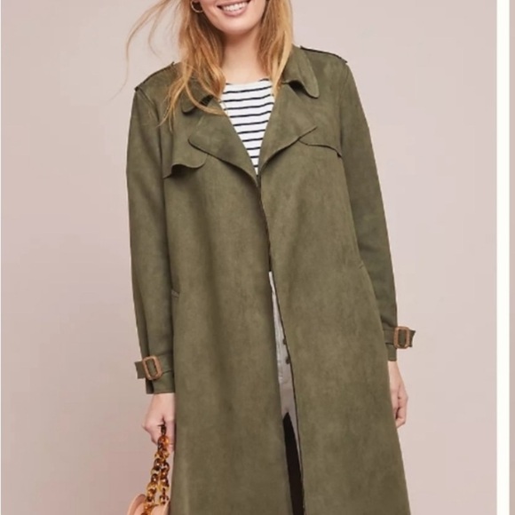 Anthropologie Harley Faux Suede Olive Green Trench Coat XS - Picture 3 of 11